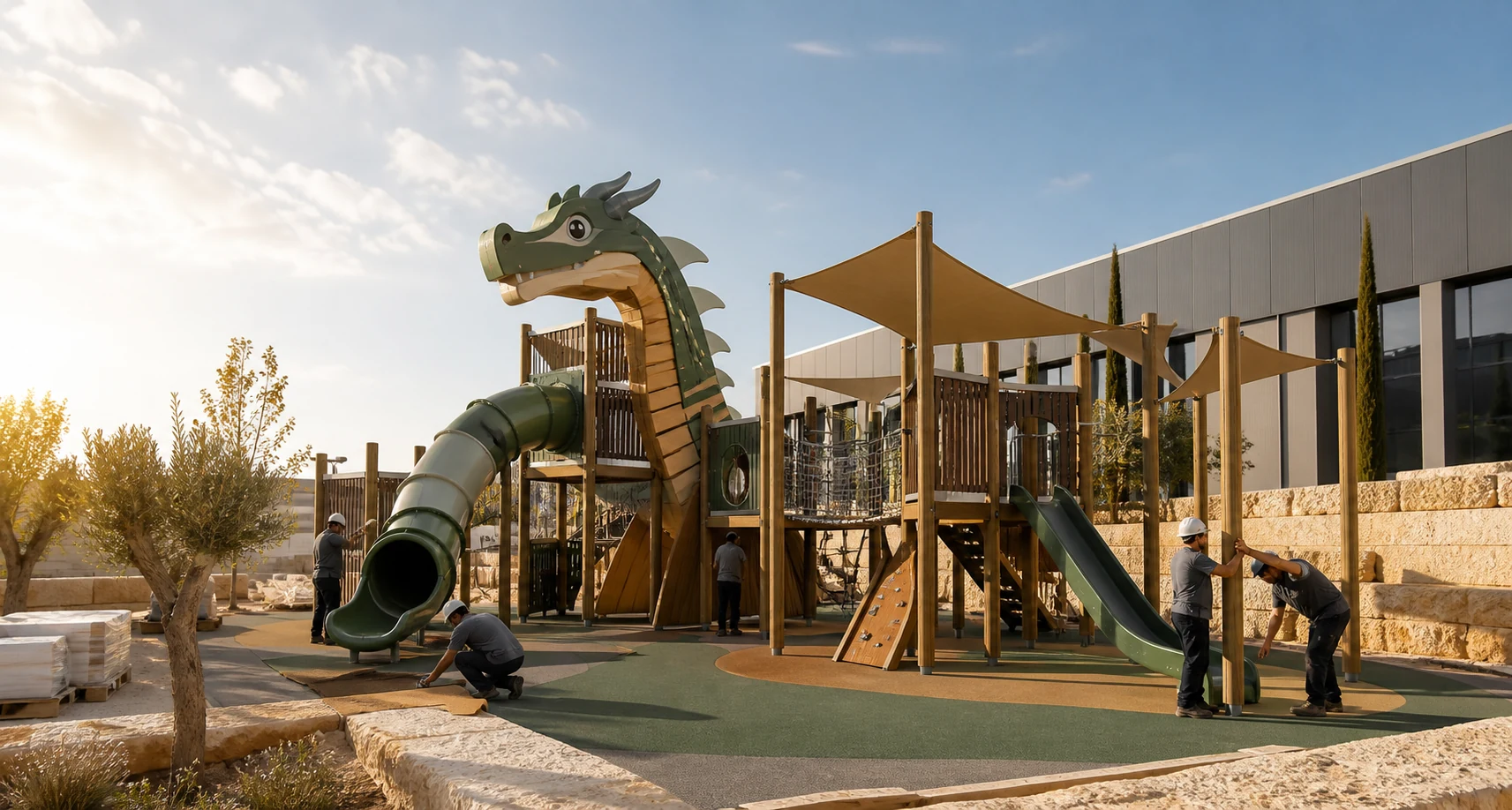 Sculptural timber dragon playground being installed at a Gaziantep test yard