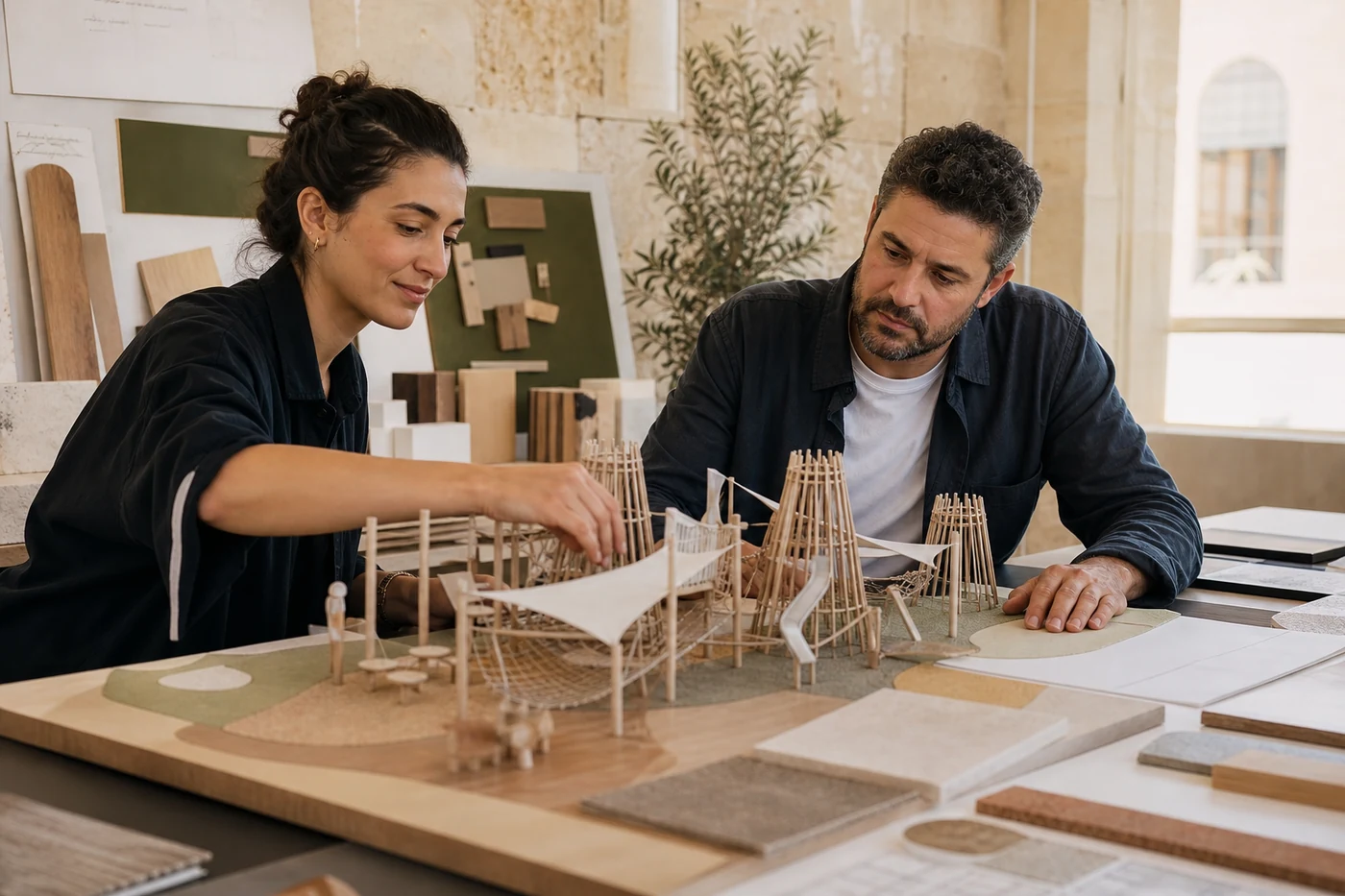 Playground architects reviewing a timber play-space model