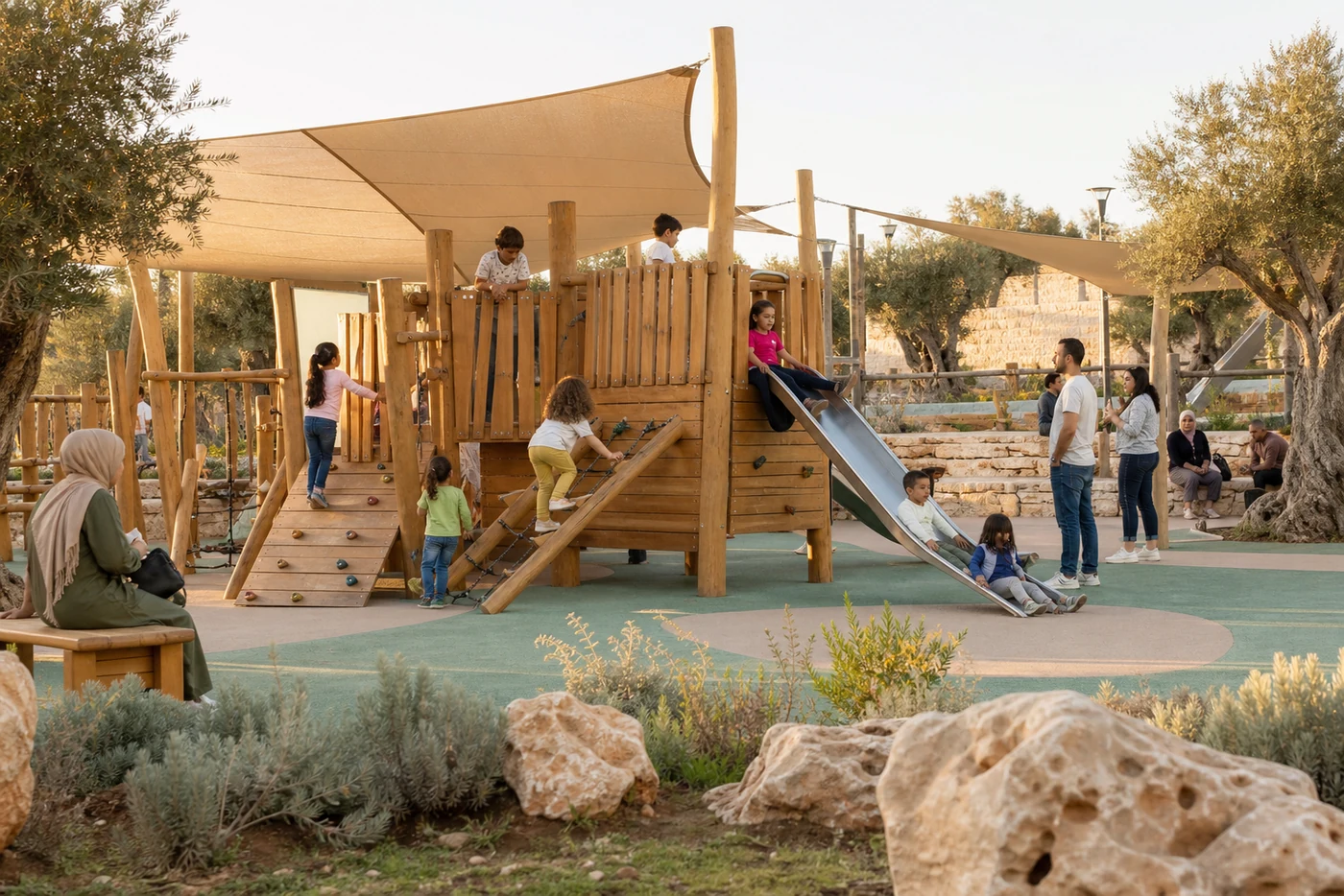Children enjoying a timber playground with adults supervising nearby